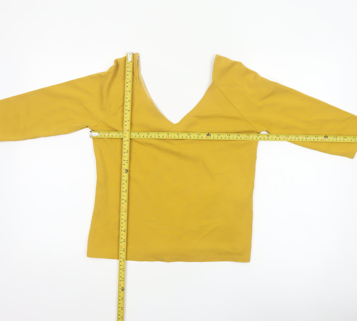Jasper Conran Women Yellow Size 12 V-Neck 3/4 Sleeve Stretch Blouse