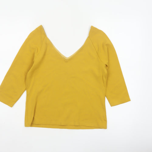 Jasper Conran Women Yellow Size 12 V-Neck 3/4 Sleeve Stretch Blouse