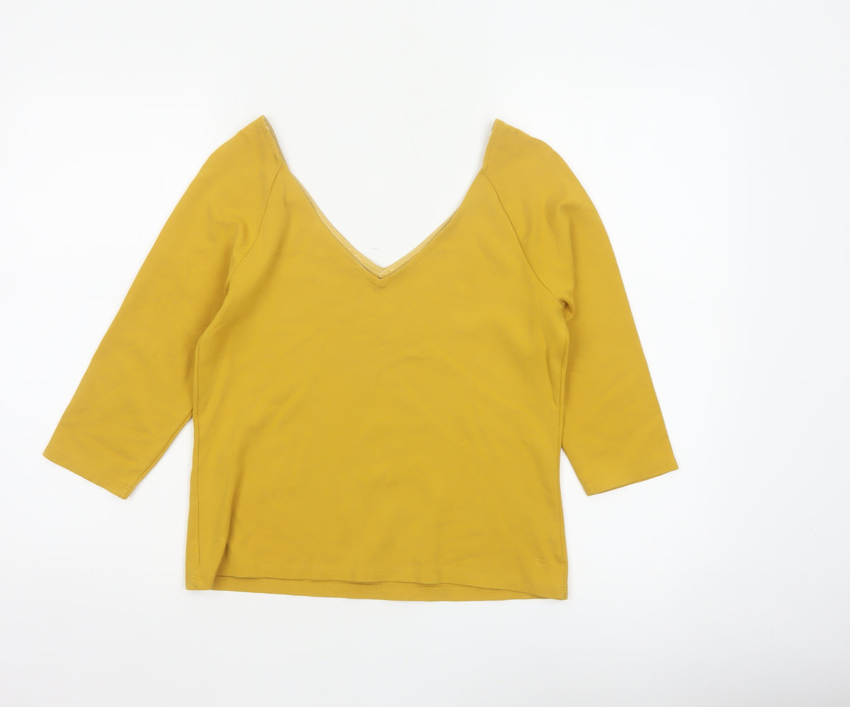 Jasper Conran Women Yellow Size 12 V-Neck 3/4 Sleeve Stretch Blouse