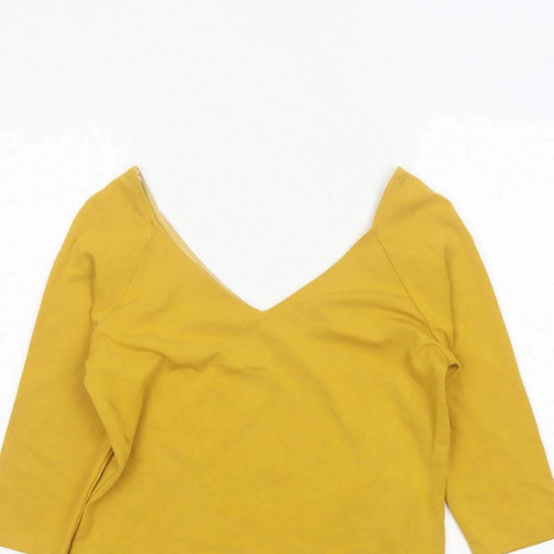 Jasper Conran Women Yellow Size 12 V-Neck 3/4 Sleeve Stretch Blouse