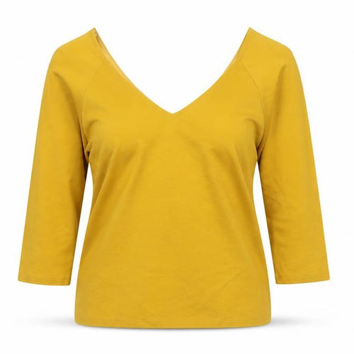 Jasper Conran Women Yellow Size 12 V-Neck 3/4 Sleeve Stretch Blouse