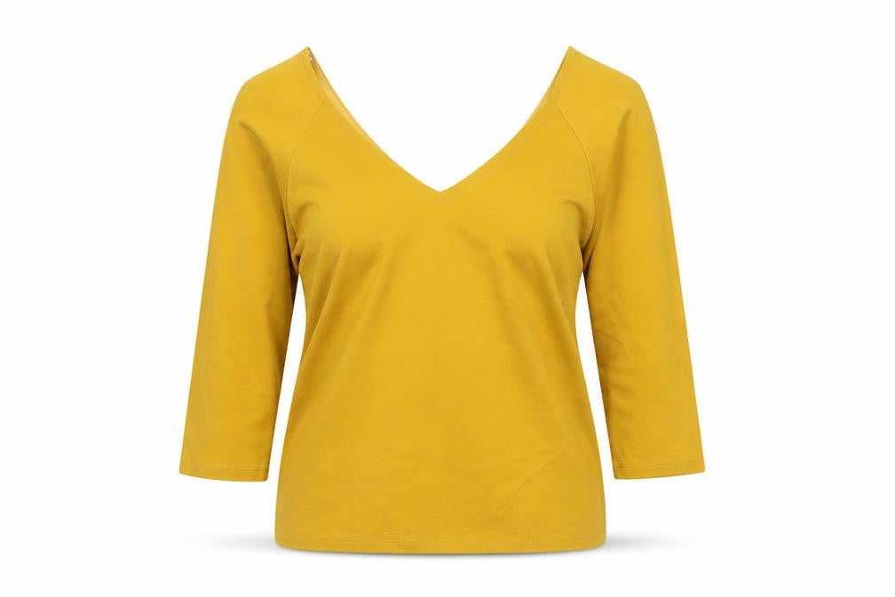 Jasper Conran Women Yellow Size 12 V-Neck 3/4 Sleeve Stretch Blouse