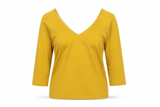 Jasper Conran Women Yellow Size 12 V-Neck 3/4 Sleeve Stretch Blouse