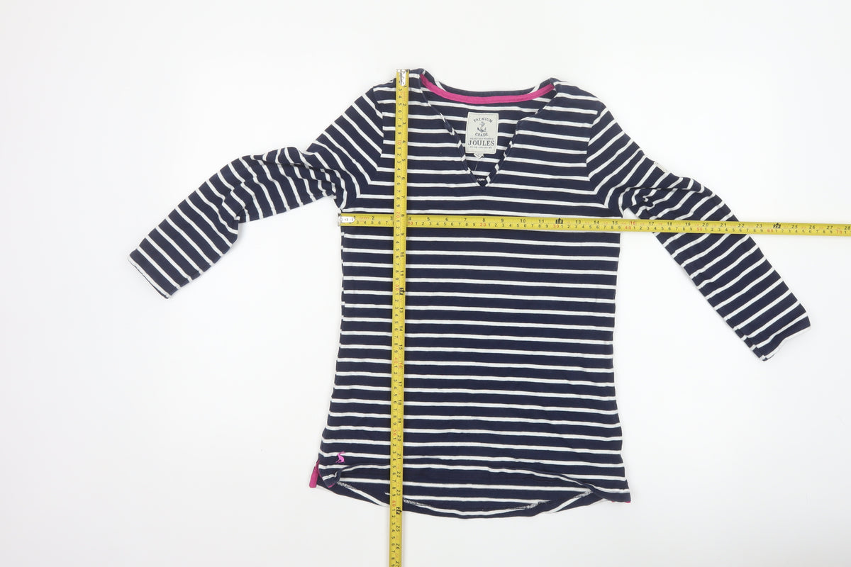 Joules Women’s Blue White Stripe Cotton V-Neck Long Sleeve Top UK 8