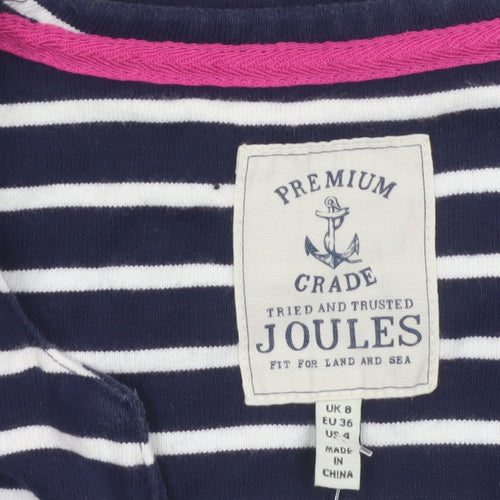 Joules Women’s Blue White Stripe Cotton V-Neck Long Sleeve Top UK 8