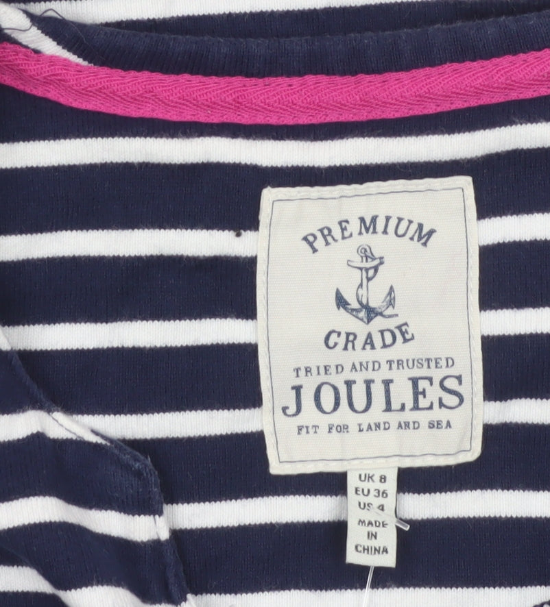 Joules Women’s Blue White Stripe Cotton V-Neck Long Sleeve Top UK 8