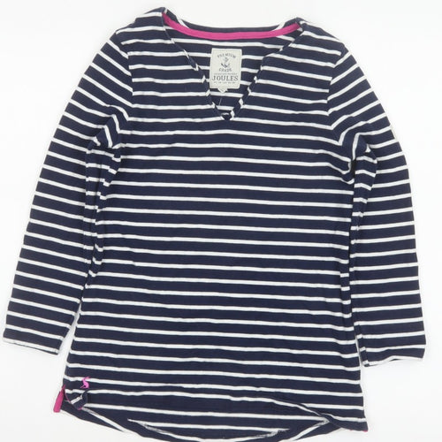 Joules Women’s Blue White Stripe Cotton V-Neck Long Sleeve Top UK 8