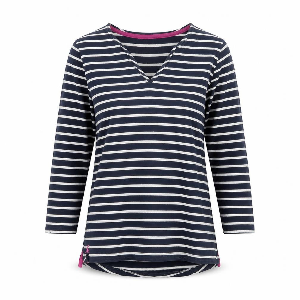 Joules Women’s Blue White Stripe Cotton V-Neck Long Sleeve Top UK 8