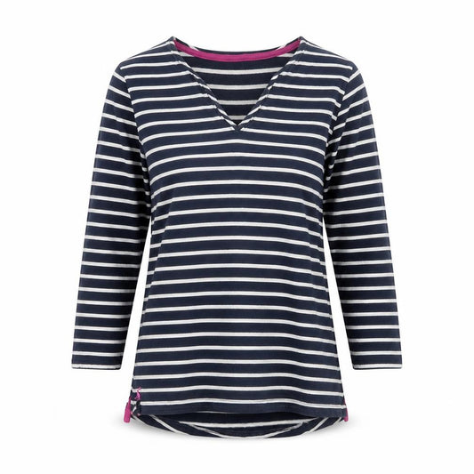Joules Women’s Blue White Stripe Cotton V-Neck Long Sleeve Top UK 8