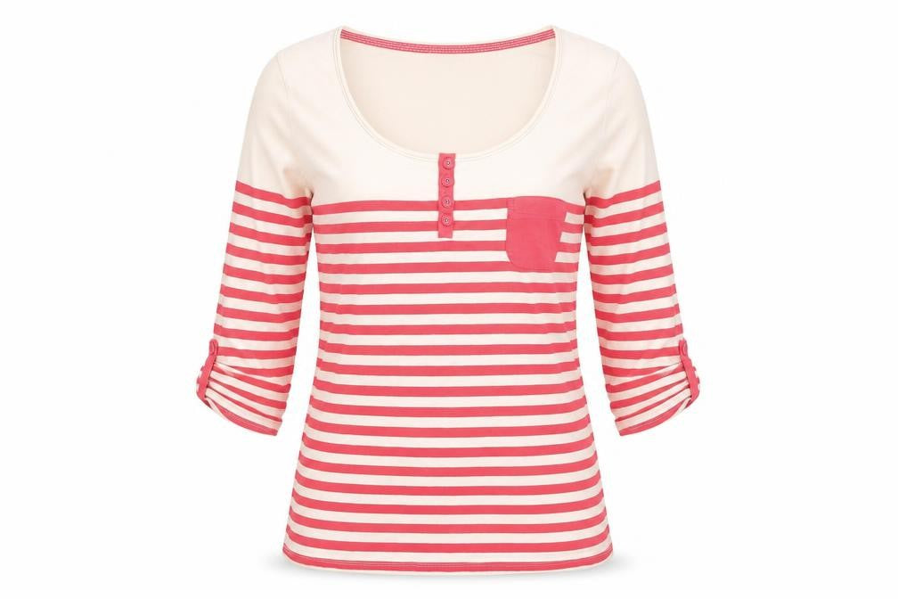 White Stuff Women Pink Stripe Cotton Jersey Top Size 10 3/4 Sleeve