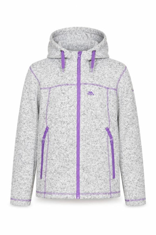 Front view of Trespass girls’ grey purple full zip fleece hoodie 9-10 years