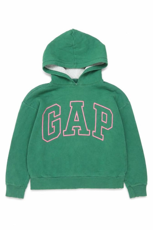 Front view of GAP girls’ green pink logo fleece lined pullover hoodie 12 years xl