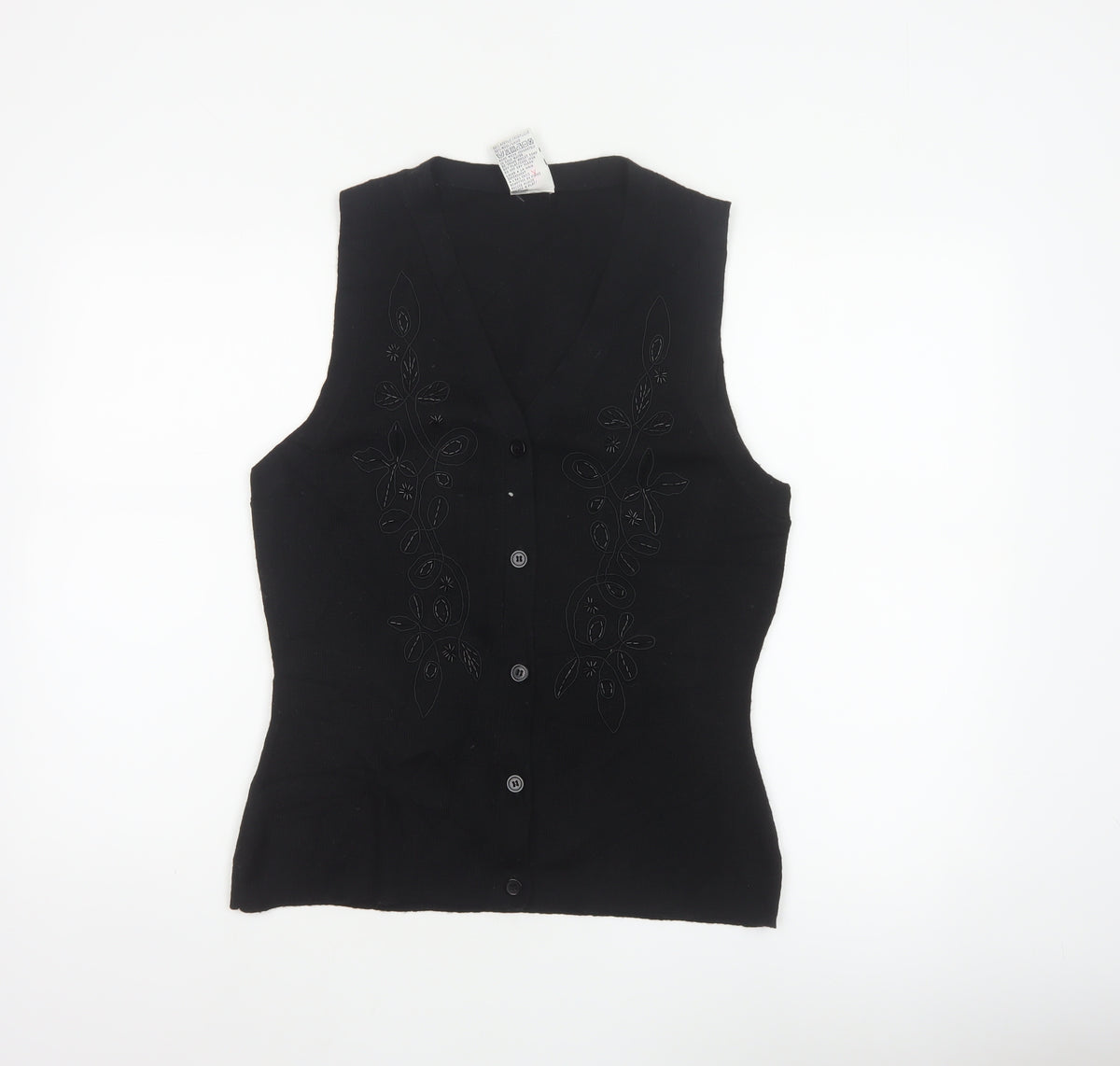 Back view of Alexon Women Black S Petite Wool Blend Floral Knit Button Vest