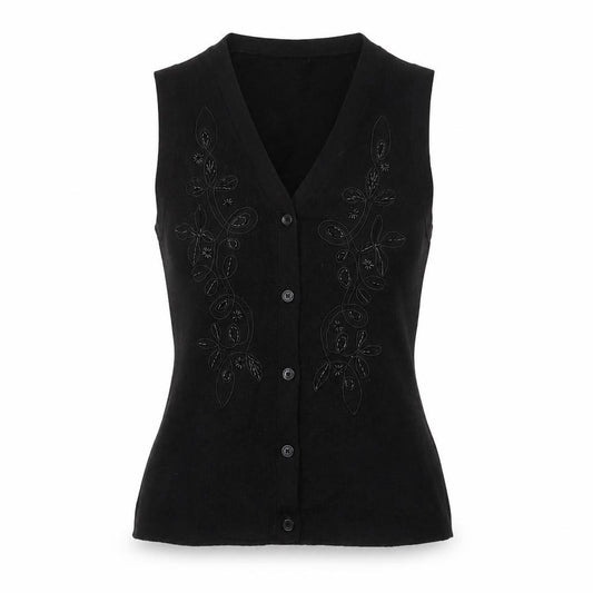 Alexon Women Black S Petite Wool Blend Floral Knit Button Vest