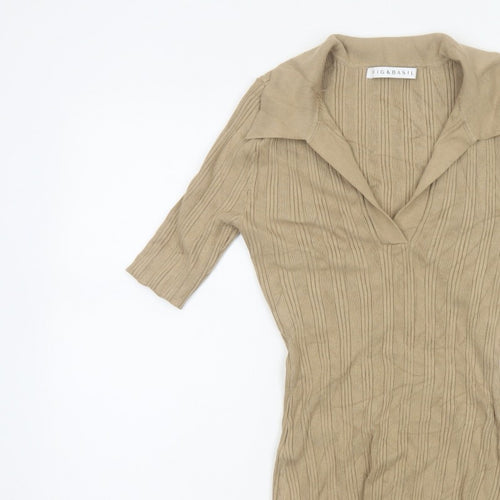 Fig & Basil Women’s Beige Size 10 Rib Knit Collared Tunic Top 3/4 Sleeve
