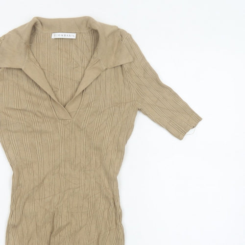 Fig & Basil Women’s Beige Size 10 Rib Knit Collared Tunic Top 3/4 Sleeve