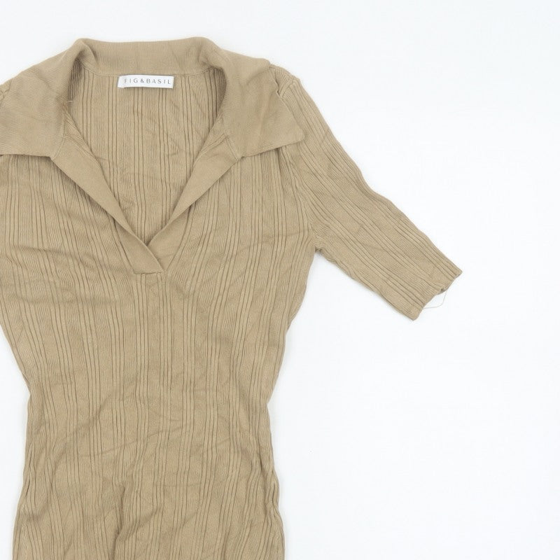 Fig & Basil Women’s Beige Size 10 Rib Knit Collared Tunic Top 3/4 Sleeve