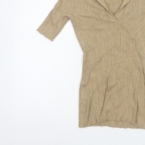 Fig & Basil Women’s Beige Size 10 Rib Knit Collared Tunic Top 3/4 Sleeve