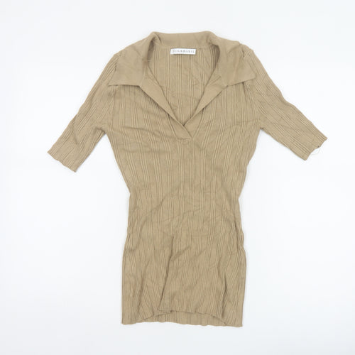 Fig & Basil Women’s Beige Size 10 Rib Knit Collared Tunic Top 3/4 Sleeve