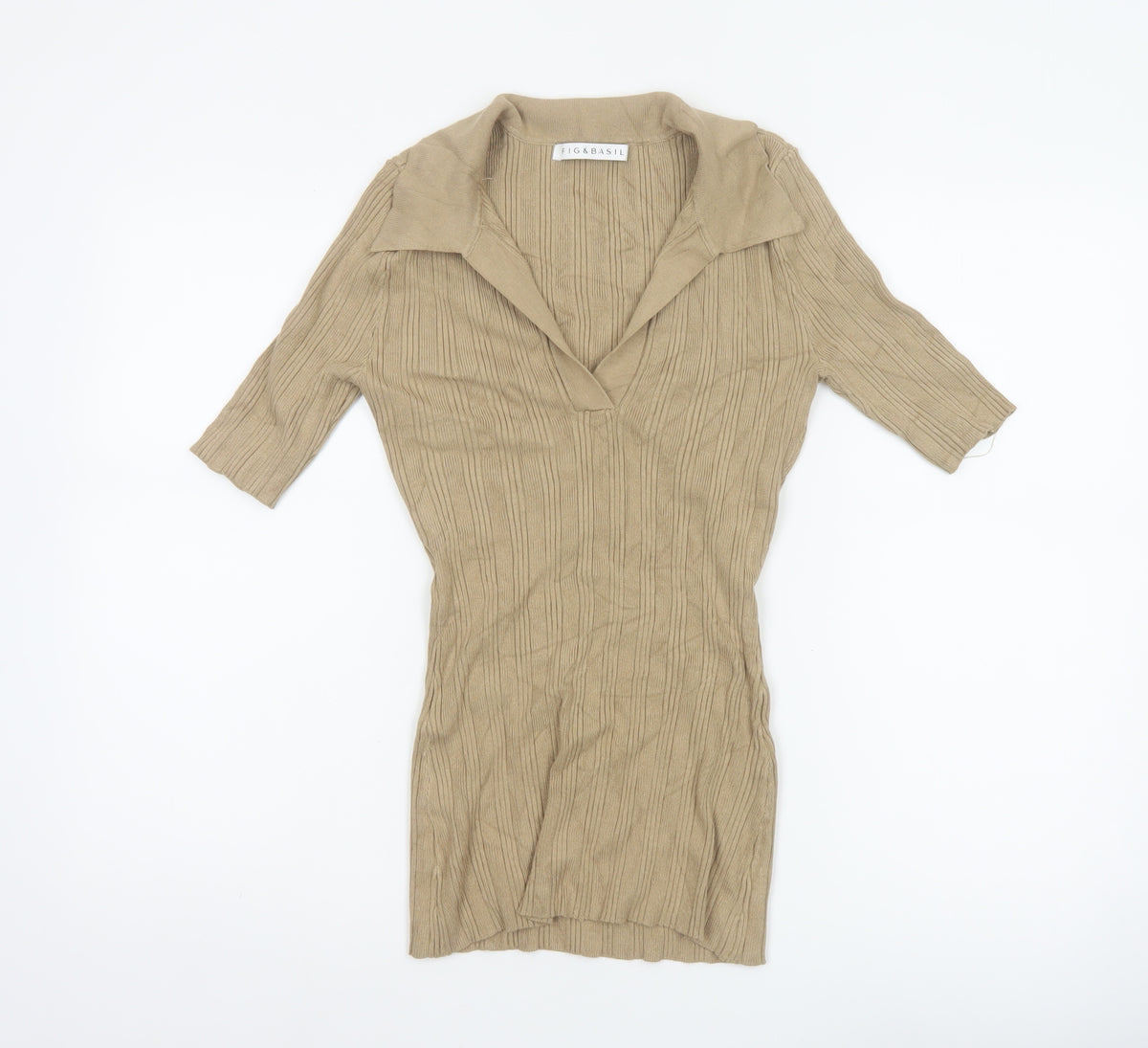 Fig & Basil Women’s Beige Size 10 Rib Knit Collared Tunic Top 3/4 Sleeve