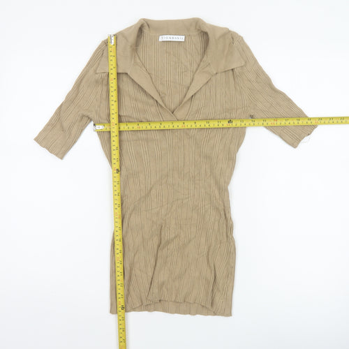 Fig & Basil Women’s Beige Size 10 Rib Knit Collared Tunic Top 3/4 Sleeve