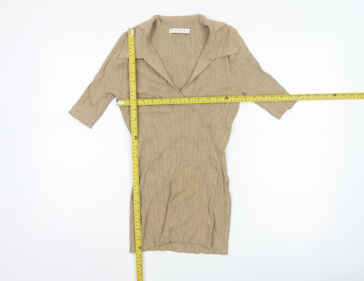 Fig & Basil Women’s Beige Size 10 Rib Knit Collared Tunic Top 3/4 Sleeve