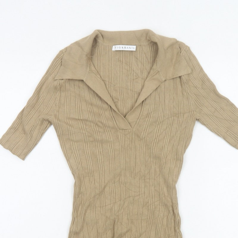 Fig & Basil Women’s Beige Size 10 Rib Knit Collared Tunic Top 3/4 Sleeve
