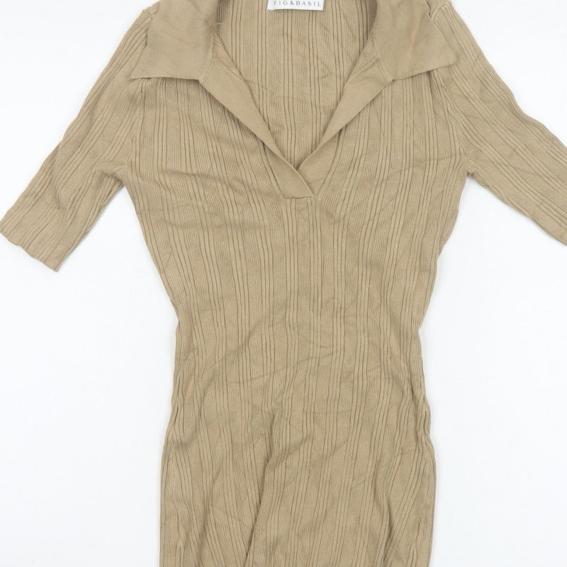 Fig & Basil Women’s Beige Size 10 Rib Knit Collared Tunic Top 3/4 Sleeve