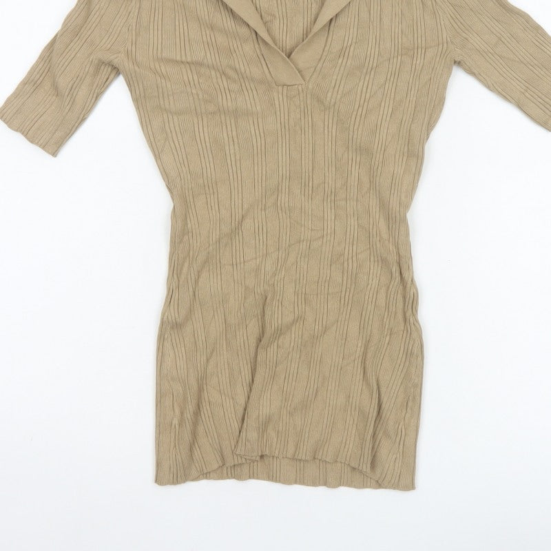 Fig & Basil Women’s Beige Size 10 Rib Knit Collared Tunic Top 3/4 Sleeve