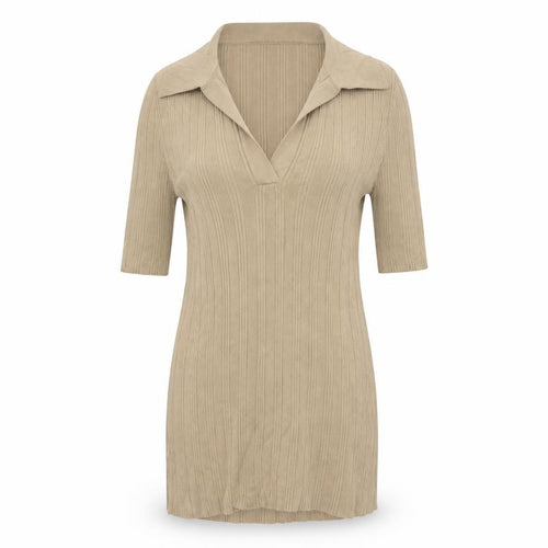 Fig & Basil Women’s Beige Size 10 Rib Knit Collared Tunic Top 3/4 Sleeve