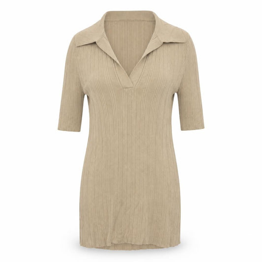 Fig & Basil Women’s Beige Size 10 Rib Knit Collared Tunic Top 3/4 Sleeve