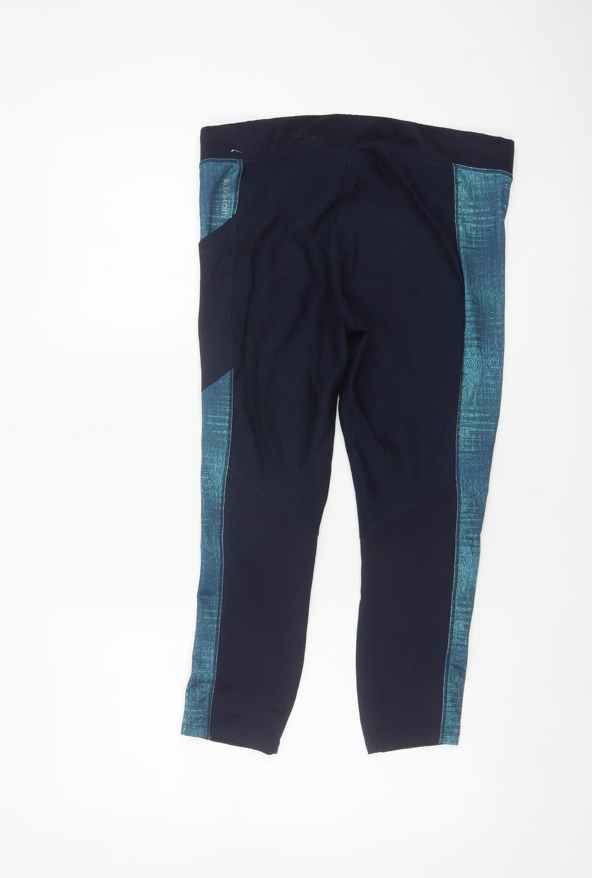 Brand and care label for Decathlon women’s blue l gym training colourblock pocket leggings