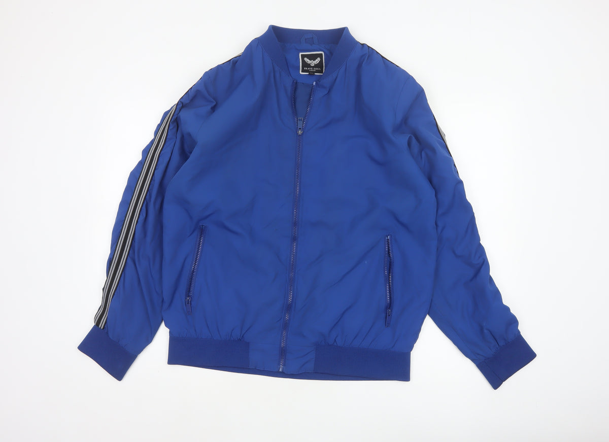 Brave Soul Men’s Blue XL Bomber Jacket Striped Sleeve Full Zip