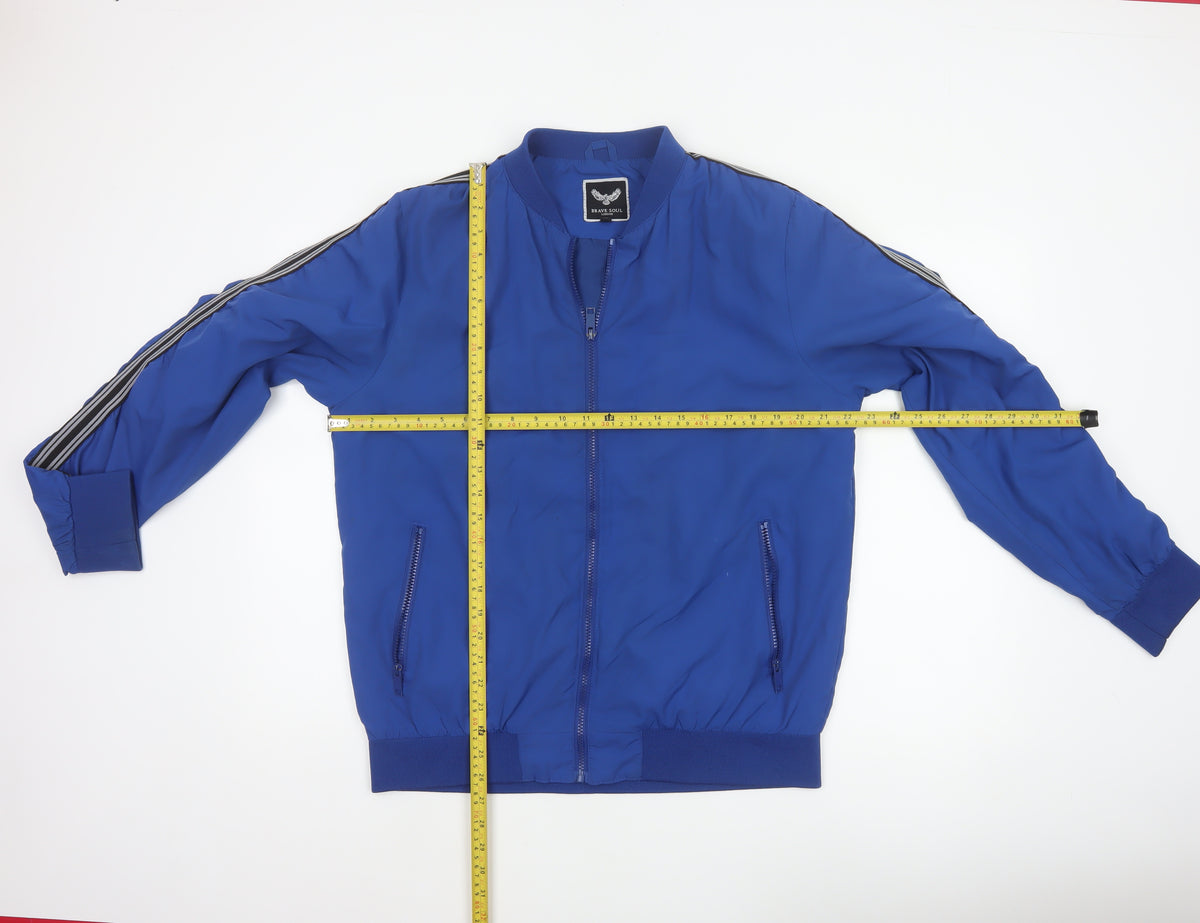 Brave Soul Men’s Blue XL Bomber Jacket Striped Sleeve Full Zip