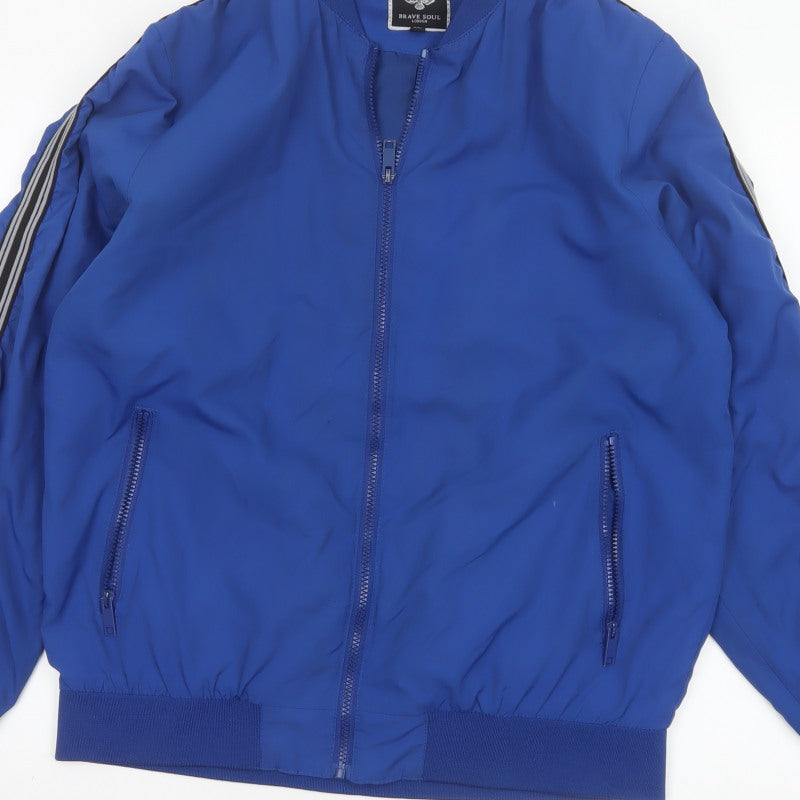 Brave Soul Men’s Blue XL Bomber Jacket Striped Sleeve Full Zip