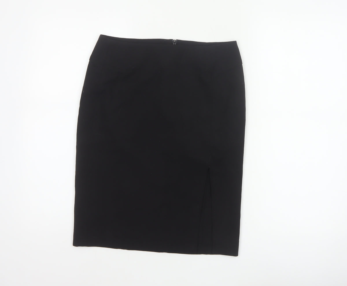 French Connection Women Black UK 8 Wool Blend Pencil Knee Skirt Slit
