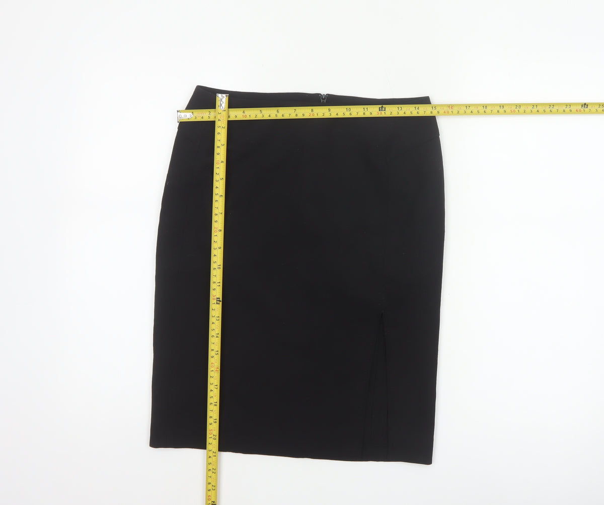 French Connection Women Black UK 8 Wool Blend Pencil Knee Skirt Slit