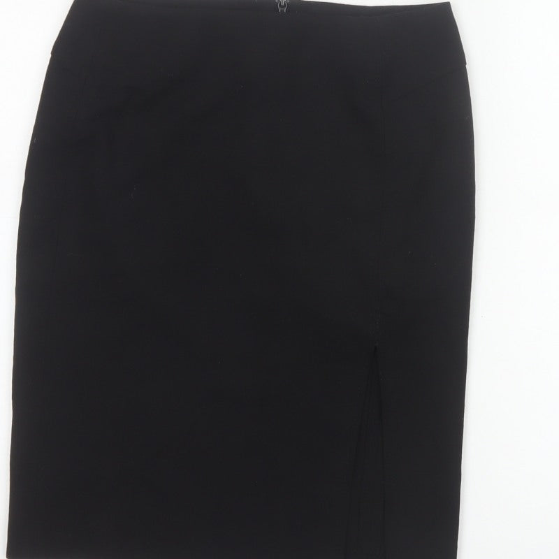 French Connection Women Black UK 8 Wool Blend Pencil Knee Skirt Slit