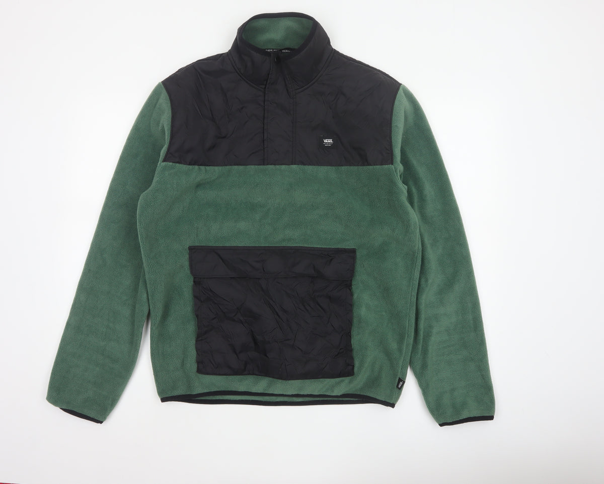 Back view of Vans Men Green Small 1/4 Zip Fleece Pullover Sweatshirt Logo Pockets