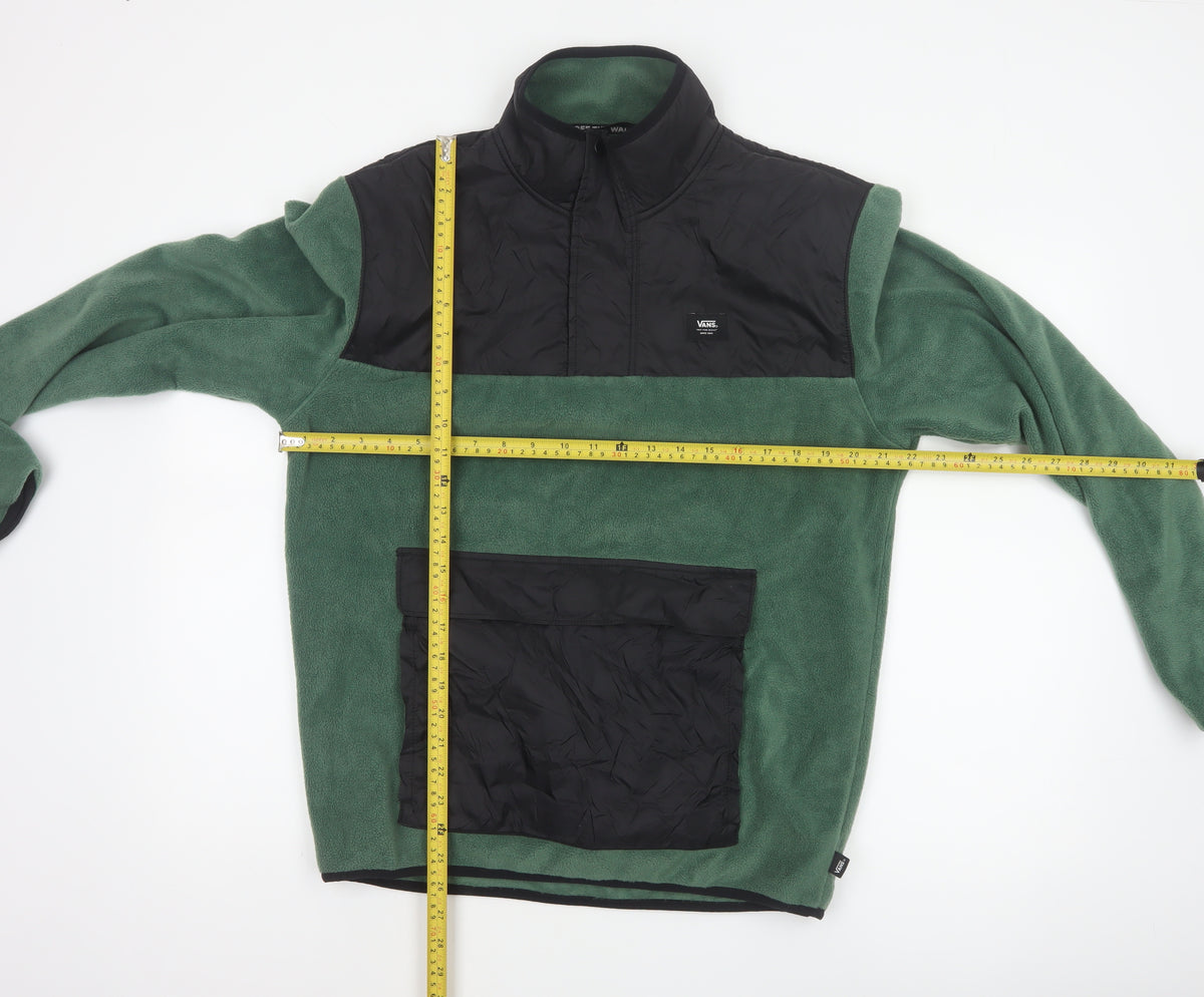 Close-up detail of Vans Men Green Small 1/4 Zip Fleece Pullover Sweatshirt Logo Pockets