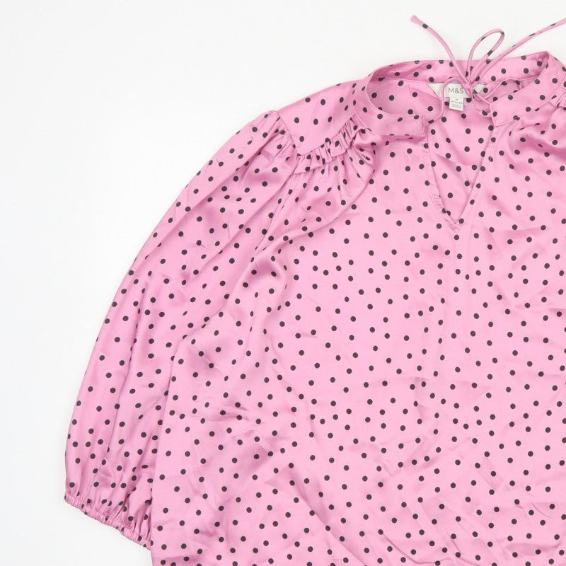 Marks and Spencer Women's Pink Size 20 Polka Dot Ruffle Tie Neck Blouse