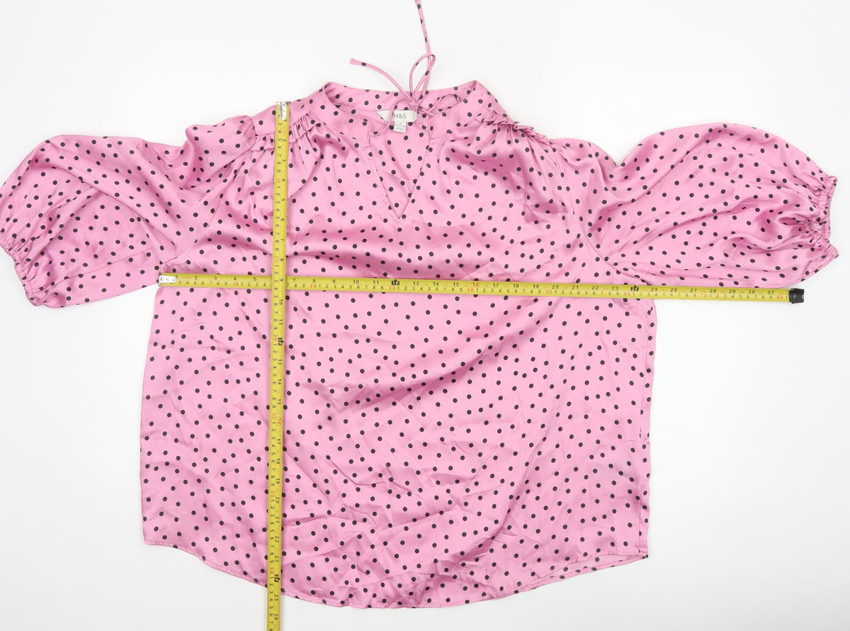 Marks and Spencer Women's Pink Size 20 Polka Dot Ruffle Tie Neck Blouse