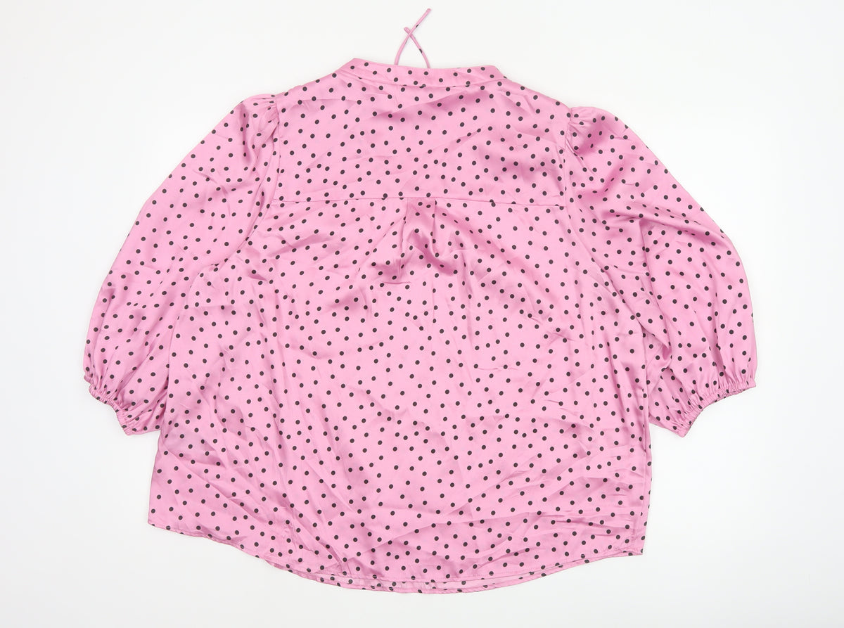 Marks and Spencer Women's Pink Size 20 Polka Dot Ruffle Tie Neck Blouse