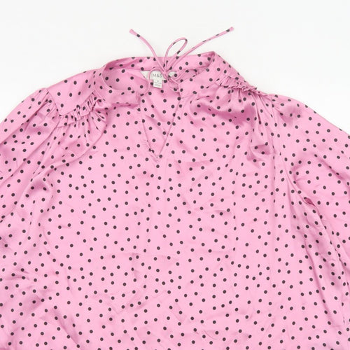 Marks and Spencer Women's Pink Size 20 Polka Dot Ruffle Tie Neck Blouse