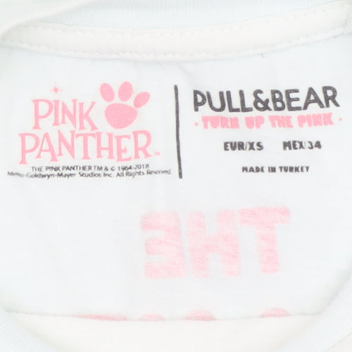 Pull&Bear Women’s White XS Pink Panther Cartoon Cotton T-Shirt
