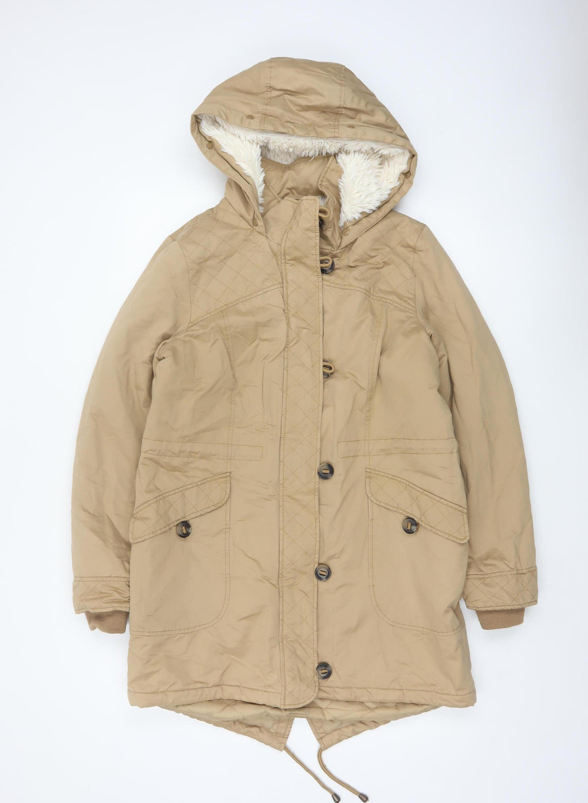 Tu Women Beige UK 12 Hooded Faux Fur Lined Quilted Parka Coat