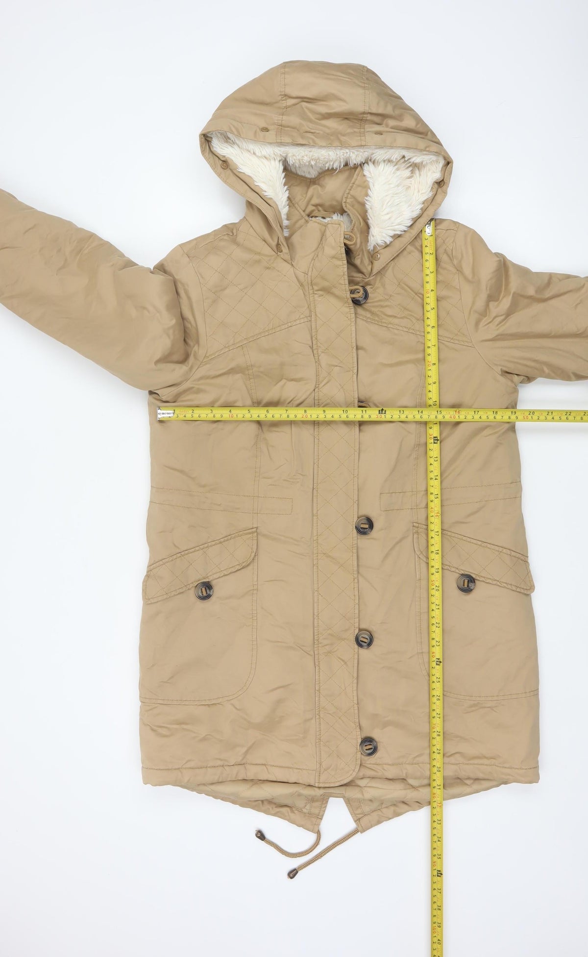 Tu Women Beige UK 12 Hooded Faux Fur Lined Quilted Parka Coat