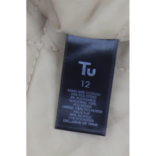 Tu Women Beige UK 12 Hooded Faux Fur Lined Quilted Parka Coat
