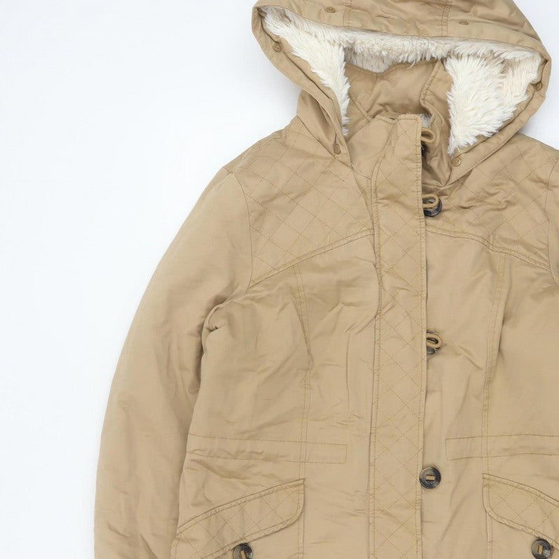 Tu Women Beige UK 12 Hooded Faux Fur Lined Quilted Parka Coat