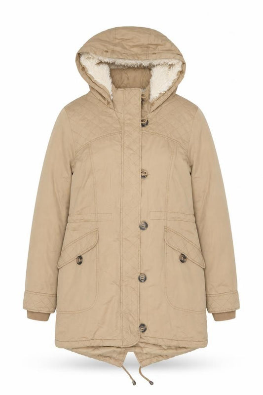 Tu Women Beige UK 12 Hooded Faux Fur Lined Quilted Parka Coat
